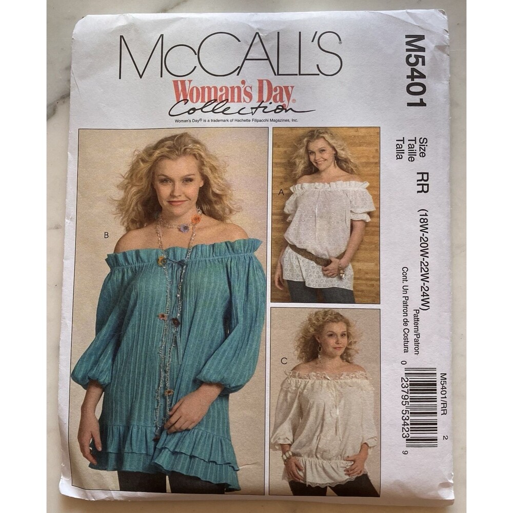 McCall's‎ Pattern M5401 Women's Peasant Blouses Size 16W-22W-24W Uncut FF Boho